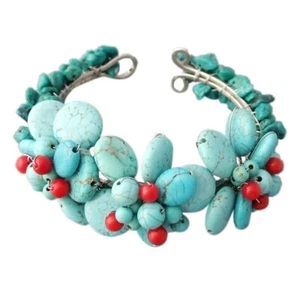 Brazalete/pulsera triple racimo de flores turquesa/coral - Imagen 1 de 3