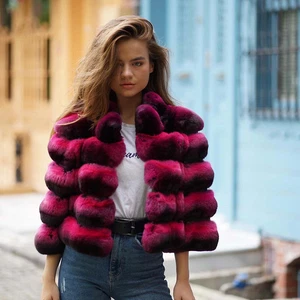 Mujeres Abrigo Corto Rosa Real Rex Piel de Conejo Invierno Moda Piel Genuina Cálida Chaqueta - Imagen 1 de 8