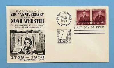 1958 FDC First Day Cover 200th Anniversary Birth Noah Webster 4 Cent Stamp - Image 1 of 2