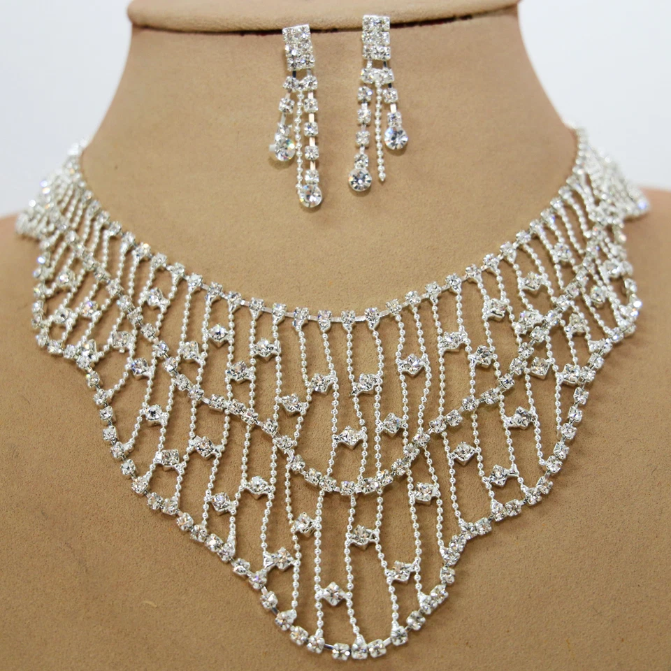 Set Gioielli Collier Orecchini Cristalli Strass Sposa Collana Argento 61 - Immagine 1 di 3