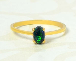 Natural 6X4 MM Oval Cut Black Opal Gemstone Solid 14K Yellow Gold Wedding Ring - Picture 1 of 4