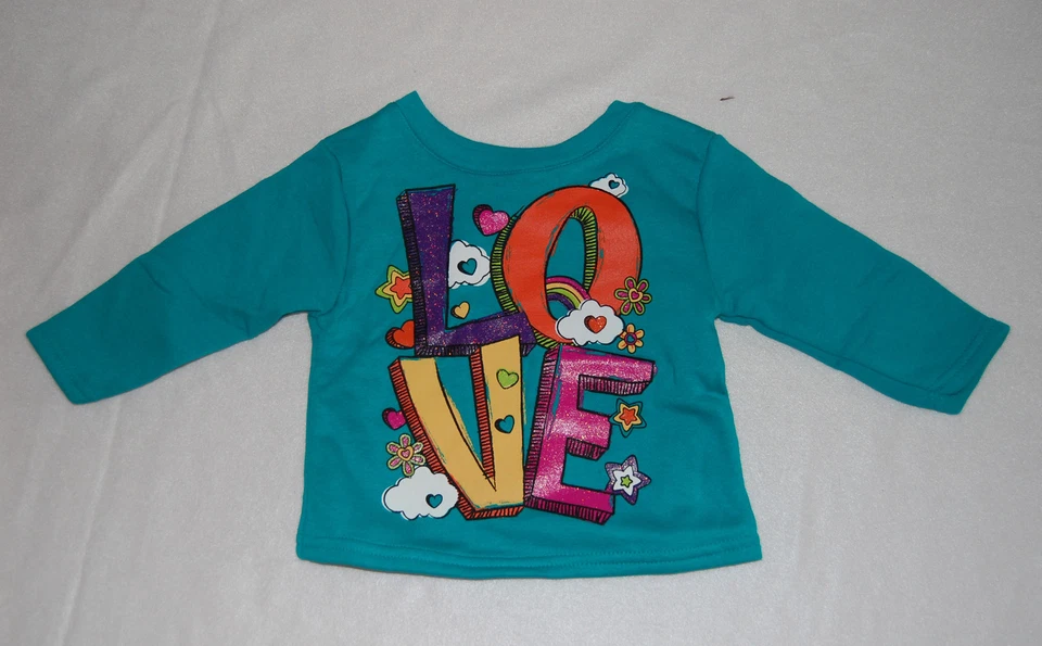 Toddler Girls Sweatshirt Garanimals Turquoise Green LOVE GLITTER ACCENTS 12 Mo - Image 1 of 1