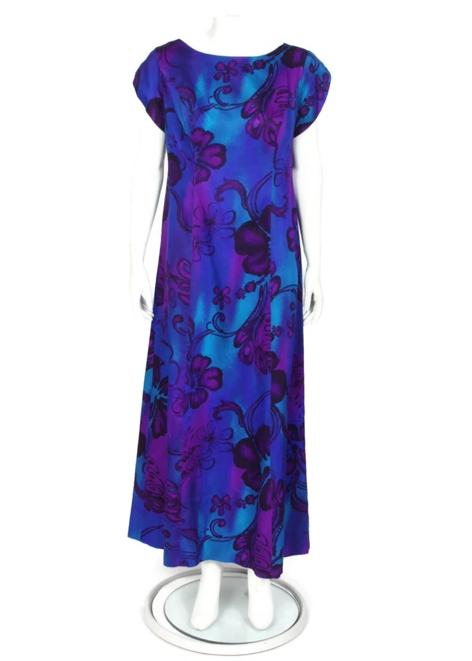 Vestido maxi vintage anos 60 WALTAH CLARKE'S havaiano Aloha roxo azul floral tamanho G/276 - Imagem 1 de 4
