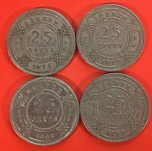 Lote de 4 monedas de 25 centavos de Belice Reina Isabel II 1976, 79, 80, 89 ver foto para estado - Imagen 1 de 2