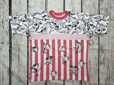 VTG Pink Striped/Polka Dots Roses Floral All Over Print Single Stitch T-Shirt - Image 1 of 4