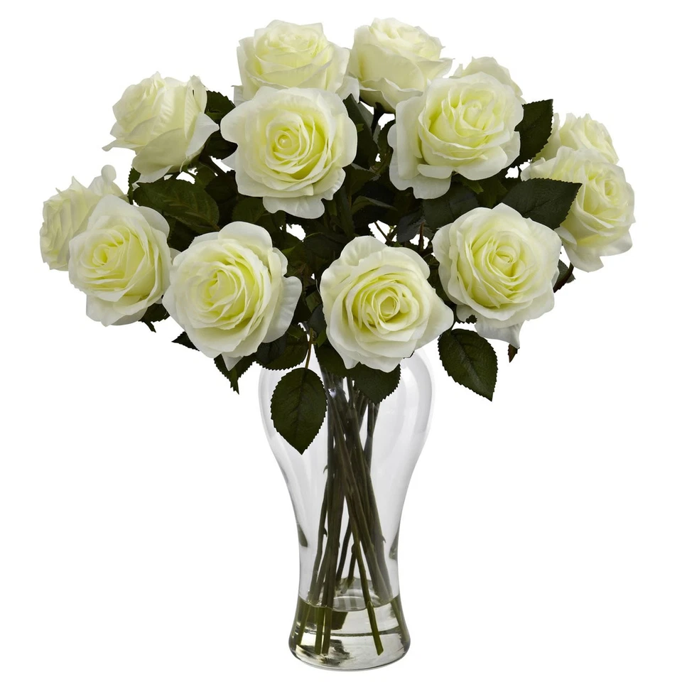 18" BLOOMING WHITE ROSE SILK FLOWER ARRANGEMENT w/ VASE ARTIFICIAL FLORAL - Image 1 of 1