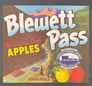 Caja de manzana del estado de Washington Blewett Pass vintage de los años 40 etiqueta cachemir WA - Imagen 1 de 3