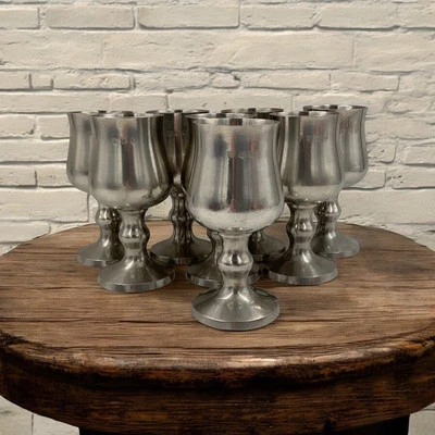 Juego de 8 copas de vino vintage de peltre campana georgiana James Yates, sellos de Londres Foto 1 de 4