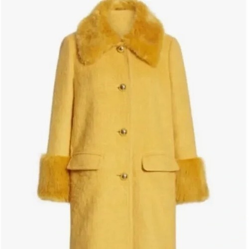 Cappotto Kate Spade soffice lana pelliccia sintetica orlo giallo 0 nuovo con etichette $798