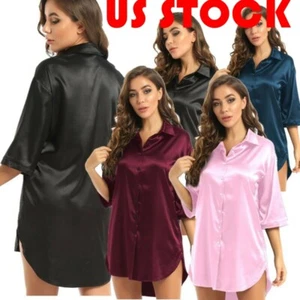 Camisón de satén para mujer manga 3/4 suave con botones cuello vuelto camisón - Imagen 1 de 62