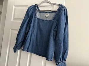 J. Crew Square Neck Denim Chambray Top Puff Sleeves Sz S NWT - Picture 1 of 4