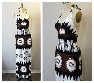 Vtg 60s 70s Waltah Clarkes Hawaiian Halter Barkcloth Sundress Maxi Luau Dress - Picture 1 of 9
