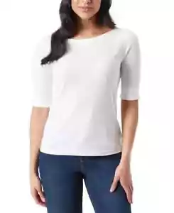 Gloria Vanderbilt Alanis Boat Neck Elbow-Sleeve T-Shirt Women's L Vintage White - Picture 1 of 15