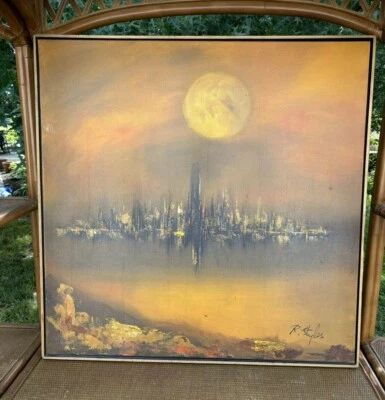 Vntg 70s Futuristic Apocalyptic Cityscape Painting MCM Signed Styles 37”x37” NYC - Image 1 of 2