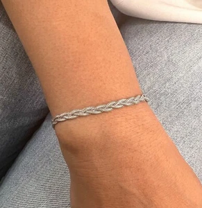 Brazalete Cola de Zorro Oro Blanco 14K 3.5mm - Antiguo Brazalete Cola de Zorro Trenzado 7" - Imagen 1 de 8
