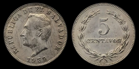 1959 (1961) El Salvador 5 Centavos Coin, President Francisco Morazán, Wreath Cover