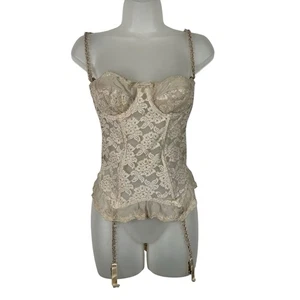 Body vintage Union Made Dolores Porette beige marrone pizzo rete trasparente lingerie - Foto 1 di 10