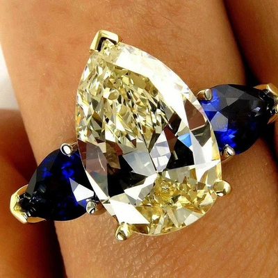 8.2 Ct Certified Pear Natural Yellow & Blue Diamond Ring VVS1 Yellow Gold Finish - Image 1 of 4