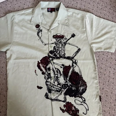 Vintage Grateful Dead Button Up Camp Shirt Green Skeleton Skull Large Dragonfly - Image 1 of 4