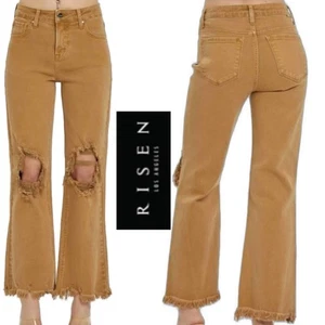 Risen Mel High Rise Distressed Straight Leg Jeans Mocha Size 9/29 – Chewed Hem - Picture 1 of 13