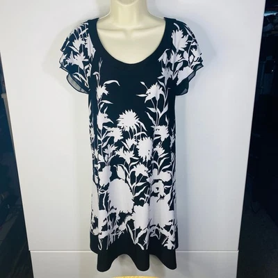 JFW Black And White Wrap Dress Size Large Floral Ruffle Sleeve - Image 1 of 4
