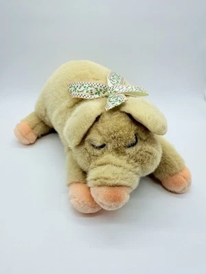 Fiesta Sleepy Pig 10" vintage plush tan pink peach stuffed toy ribbon bow 2174 - Image 1 of 4