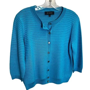 St. John Teal Blue Ribbed Cardigan Sweater Sz Small 3/4 Sleeve Wool Blend - Picture 1 of 5