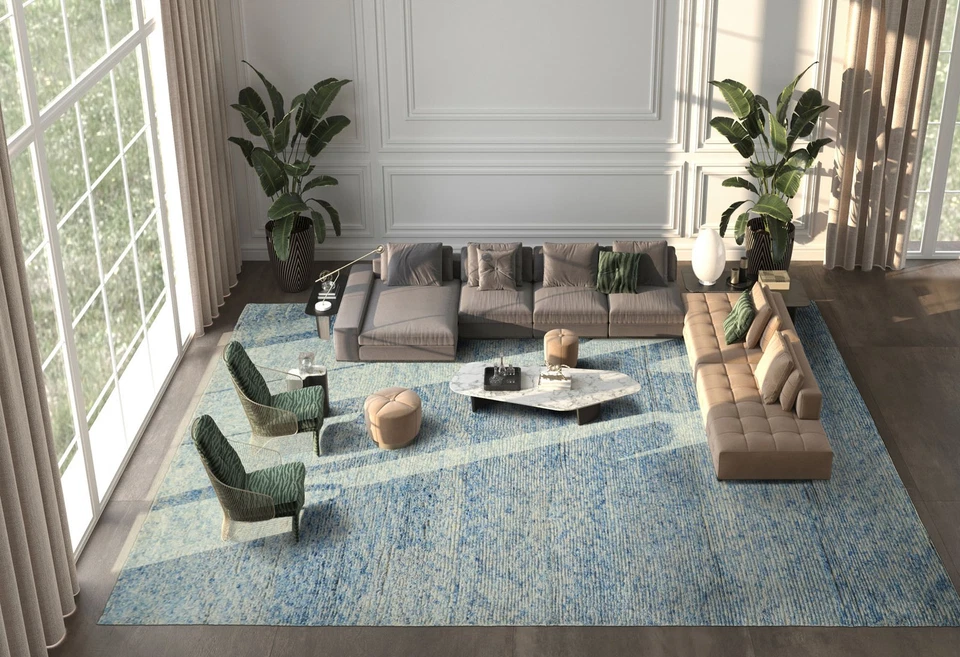 10x14 Hand Knotted Wool Blue Moroccan Modern Plush Pile Ribbed Textured Rug - Image 1 of 4