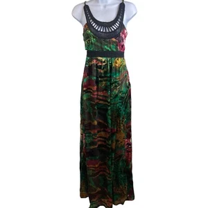 Desigual Silk Blend Crochet Maxi Dress Size 4 Tropical Rainbow Floral Print Boho - Picture 1 of 13