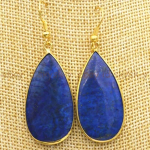 Natural Blue Lapis Lazuli Gemstone Teardrop Dangle 18k Gold Plated Hook Earrings - Picture 1 of 4