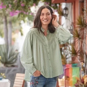 SUNDANCE Fresh Breezes Peasant Blouse Top Mint Green Button Down Cottage Small - Picture 1 of 11