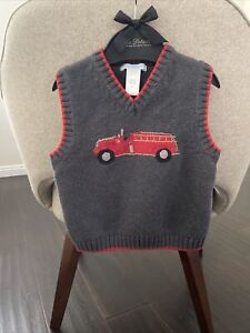 Janie And Jack Baby Boys Vest Sweater Gray Red Fire Engine V-Neck Cotton 2T