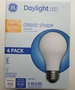 GE Lighting LED Light Bulbs 5W Replaces 40W Daylight A19 Classic Shape 4 Pack