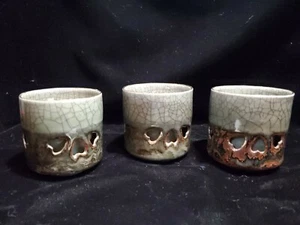 Three Japanese Somayaki Tea Cup Crackle Glaze Double Wall Heart Soma Gold Design - Picture 1 of 10