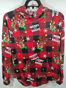 No Boundaries Rudolph Reindeer Red Velour Plaid Christmas Sweatshirt Jrs Small - Picture 1 of 10