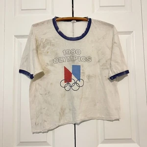 Vintage 1980 Summer Olympics T-Shirt Large Hanes Ringer Thrashed Mockba Moscow - Picture 1 of 10