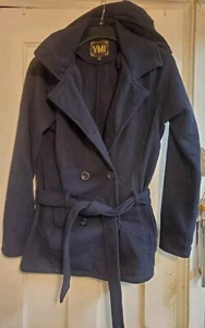 YMI BLACK Button Pea Coat Jacket Junior's Size L LARGE Belt Faux Fur Lined Hood - Picture 1 of 7