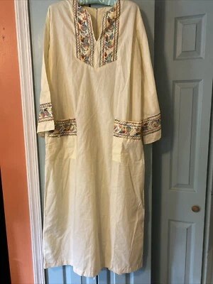 Vintage Kaftan Dress Cotton Blend Embroidered Hippie Boho Large - Image 1 of 4