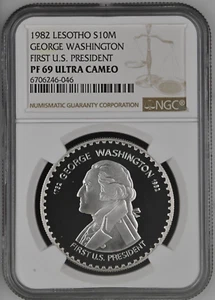 1982 Lesotho Silver 10 Maloti - George Washington First President - NGC PF 69 UC - Picture 1 of 4