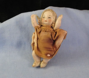 RARE ANTIQUE BISQUE BABY GIRL MINIATURE DOLL SILK DRESS BONNET - Picture 1 of 9