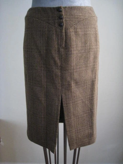 MAYLE Brown Herringbone Wool Leather Tie Pencil Skirt Rare! 8 Foto 1 de 1