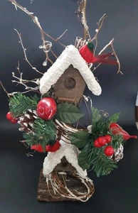 Decorative Wooden Winter Christmas Cardinal Bird Houses Branches Figurine Tall - Picture 1 of 14