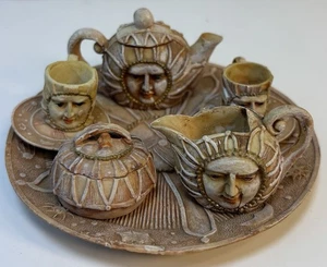 Mini Sunflower Faces Tea Set Cups Plates Teapot Sugar Creamer 9 Art Pieces - Picture 1 of 17