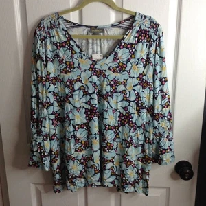 NWT Style & Co, "XL" Blue Floral Blouse, Ribbing, Bell Sleeves, Bohemian, V neck - Picture 1 of 7