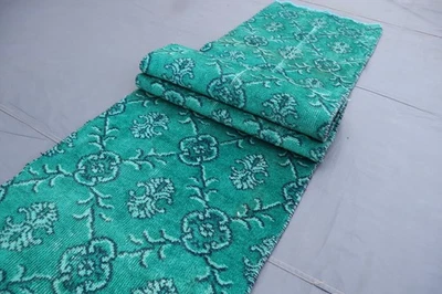 Tapete de corredor verde claro 2x10 antigo caucasiano floral afegão feito à mão tapete overdye - Imagem 1 de 4