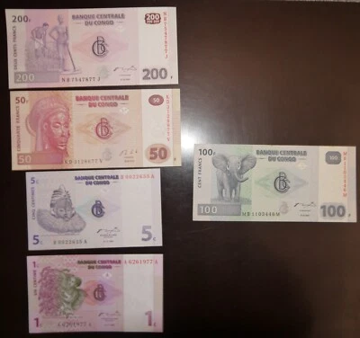 Congo 5 pcs all different 1 - 5 centimes 50-200 Franks 1997-2013 - Image 1 of 2