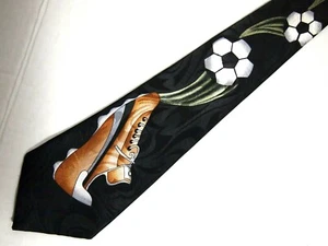Fratello Mens Necktie Tie Black Soccer Cleats Balls Sports 59" Career - Picture 1 of 4