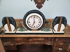 Vintage Art Deco Marble And Black Onyx Mantle Clock W Side Garniture Pieces 1938