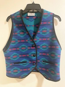 Pendleton Navajo Suede Trim Pure Wool Womens Multicolor Vest Size 12 - Picture 1 of 3