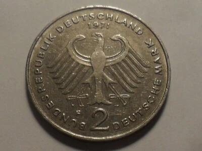 1971(F) NICE GERMANY CU-NI CLAD NI 2 DEUTSCHEMARK KM#A127 LOW MINTAGE 7,476,000! - Image 1 of 2